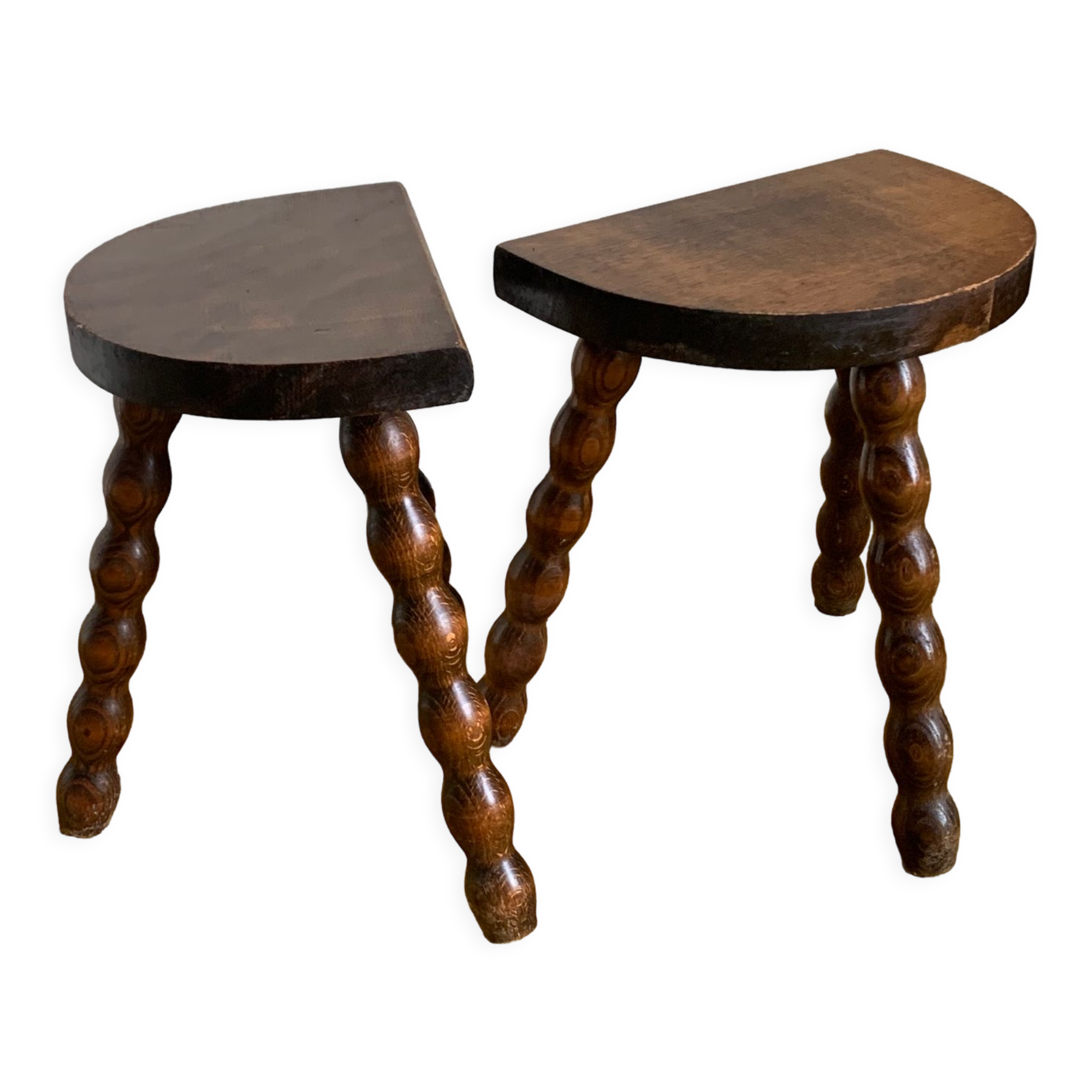 Duo of tripod half-moon stools