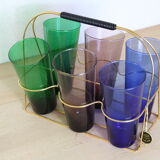 Set of 6 coloured glasses with brass base/basket