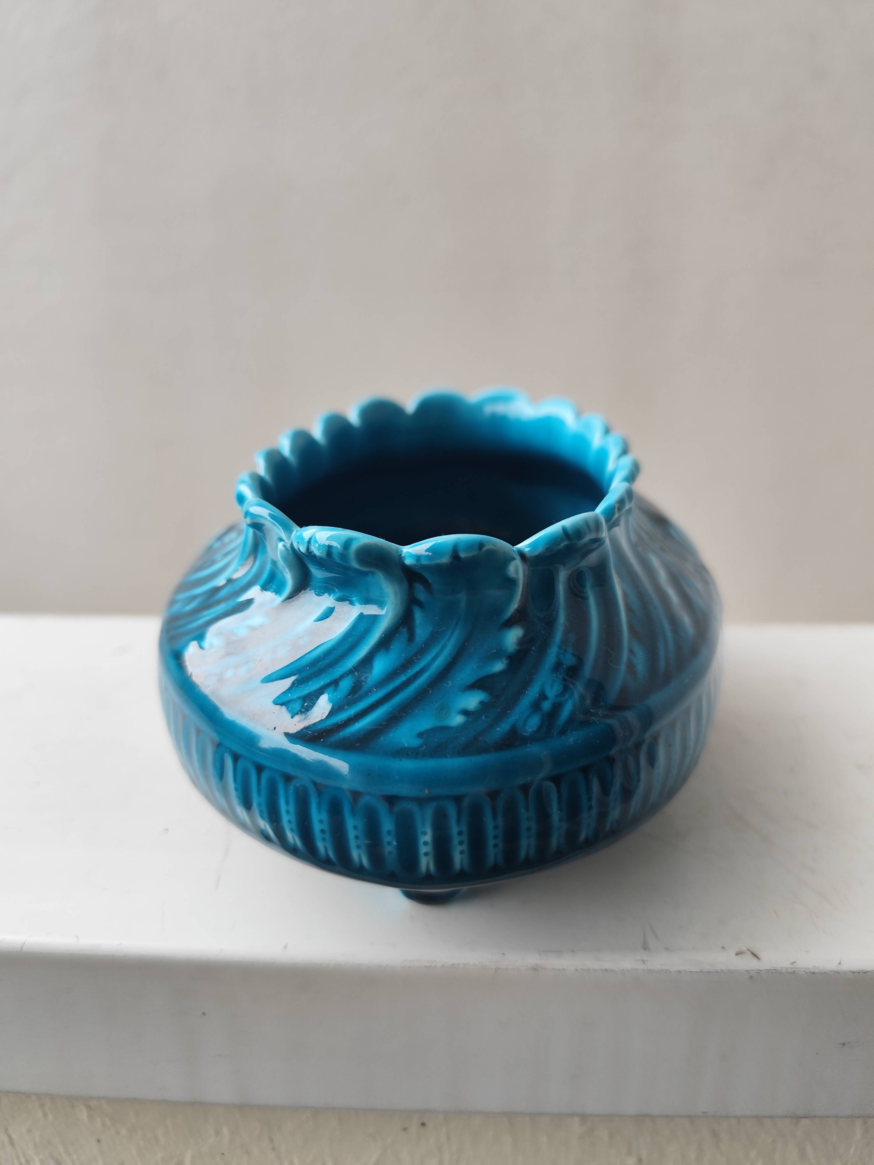 Blue glazed ceramic vase and pocket planter by Théodore Deck.