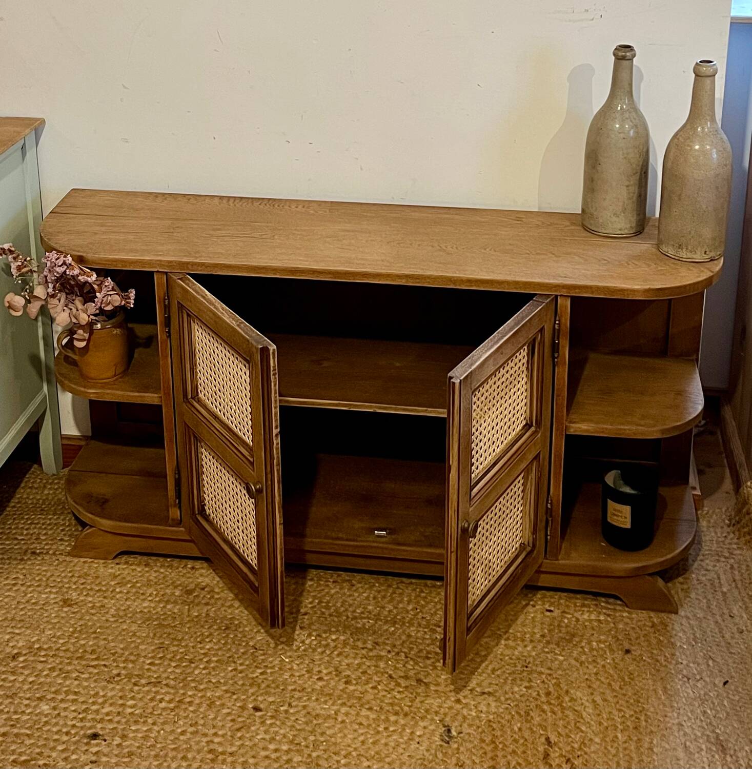 Unique old TV cabinet in raw solid oak.