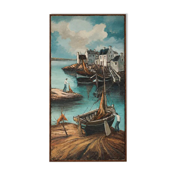 Old painting on canvas signed G. Denis – Fishing port and sailing boats – Marine