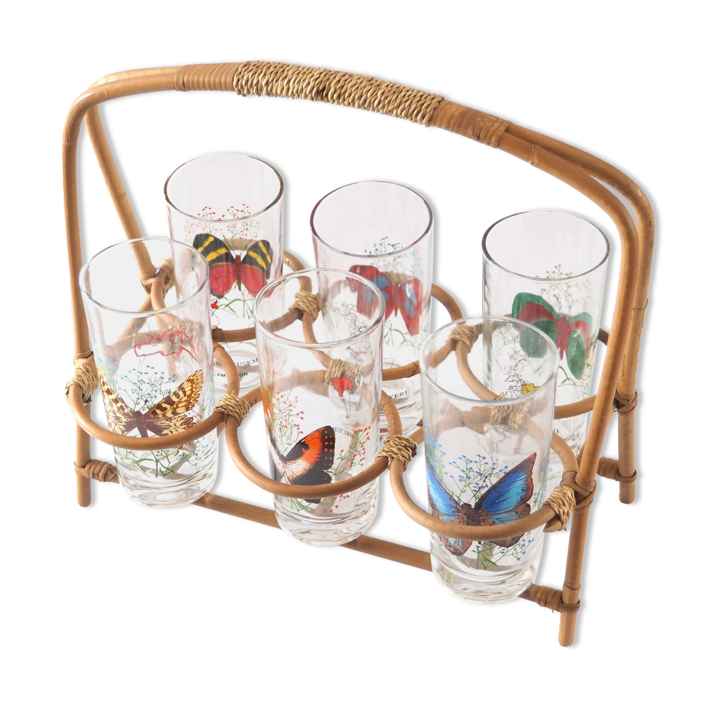Lot de 6 verres vintage et support rotin