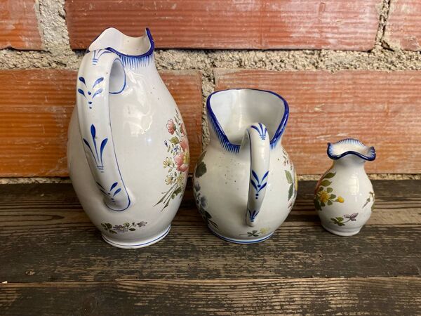 Paire de pichets + vase charolles faïence peinte vintage