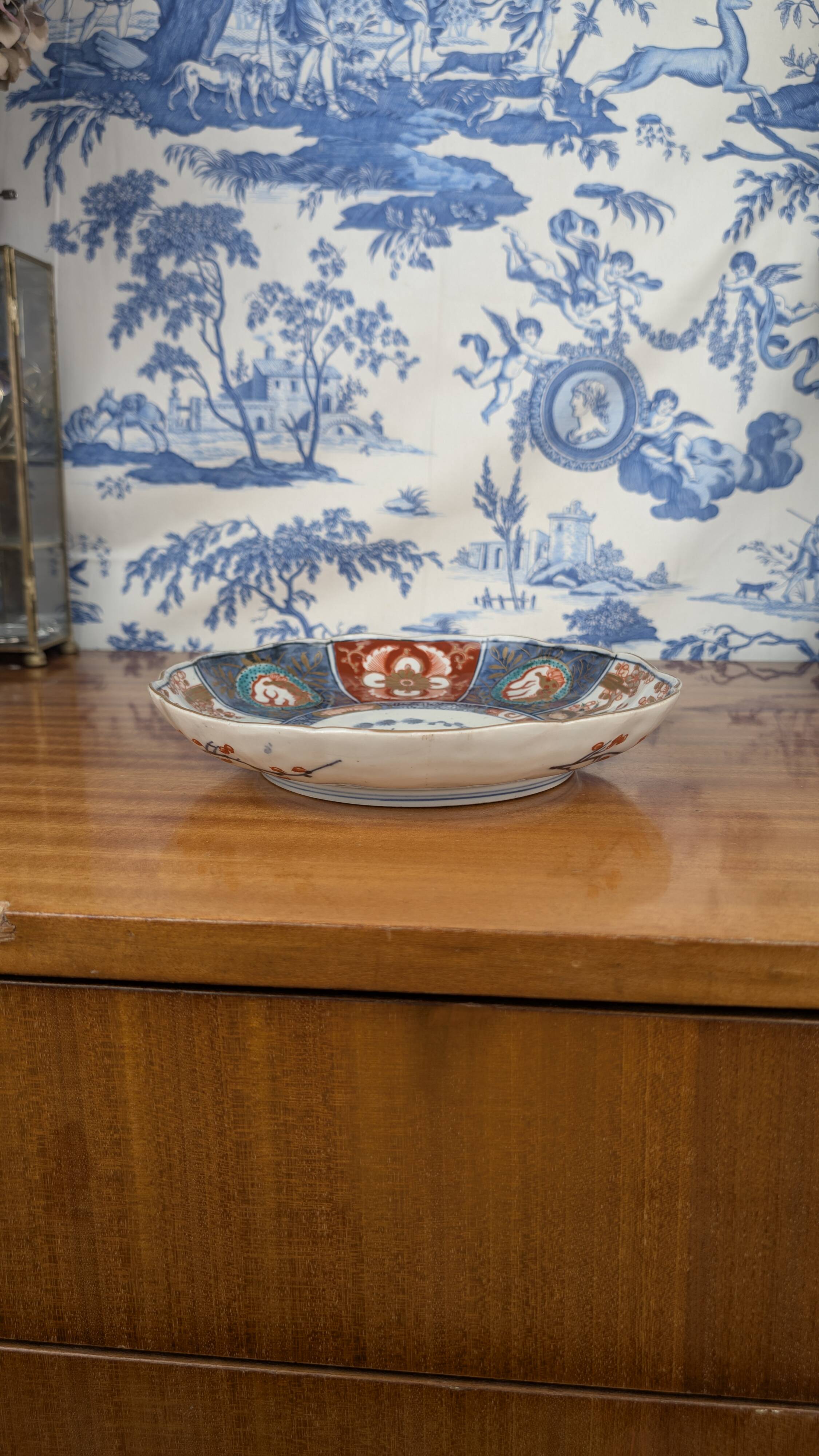 Signed Imari porcelain plate with Japanese lake and deer decoration, 19th century