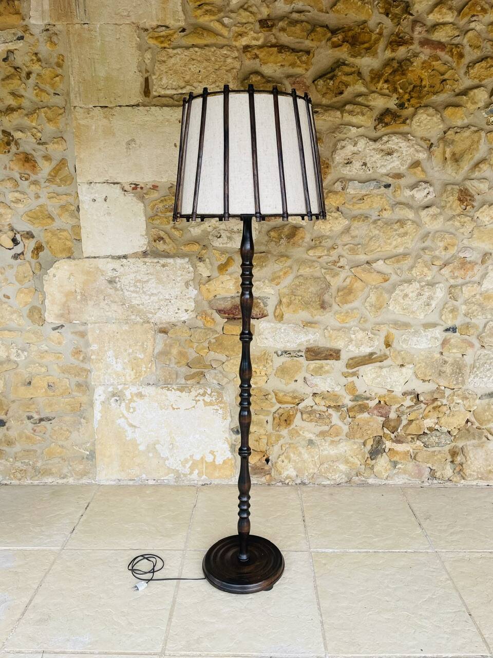 Vintage Floor Lamp Turned Wood, Bamboo Rattan Circa 1950s