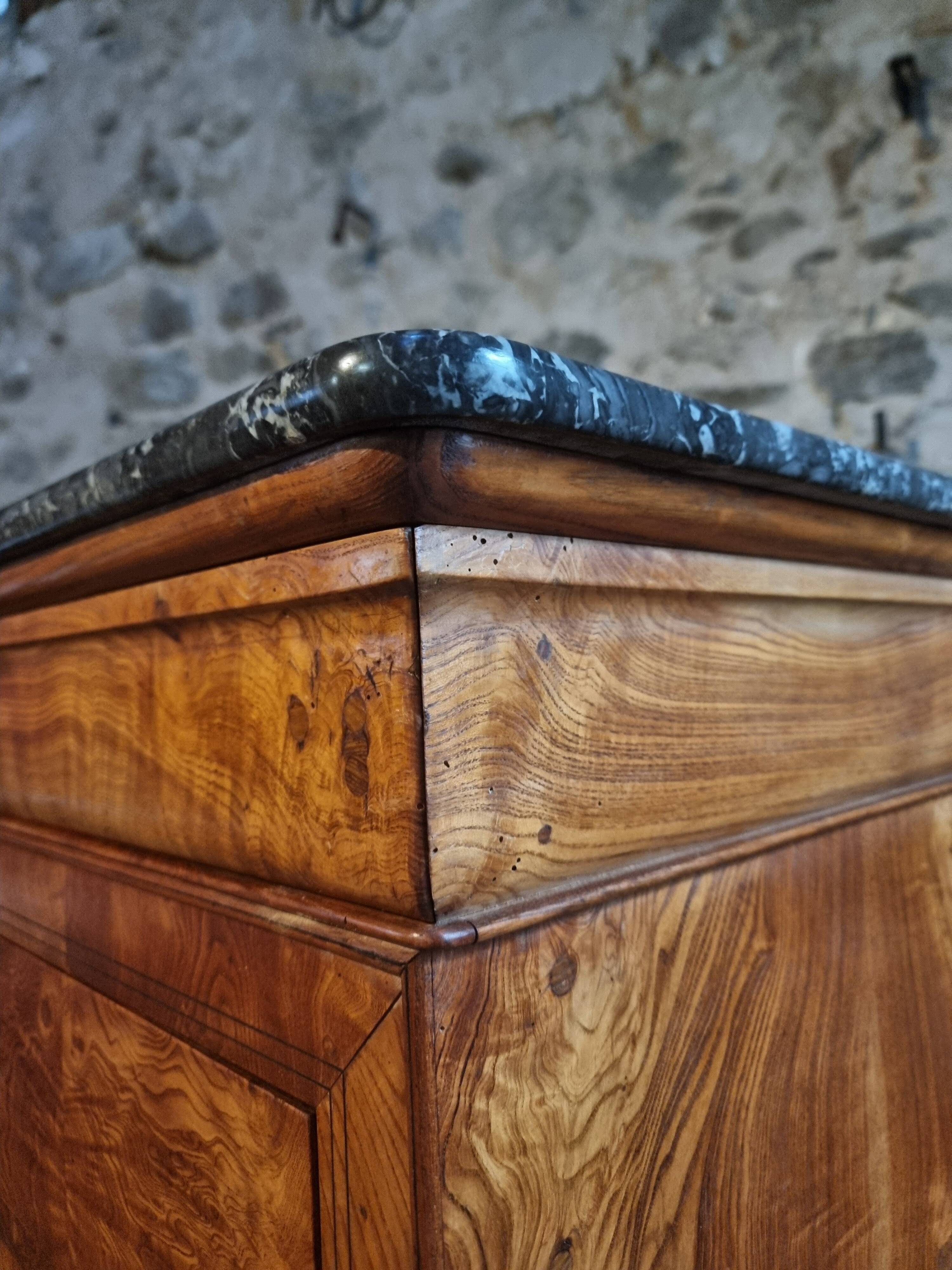 Antique French commode in elm with a marble top, 19th century (circa 1850–1880)
