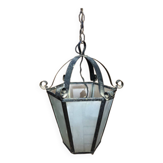 Old Black Painted Brass Lantern Pendant + Vintage Polished Glass Plate