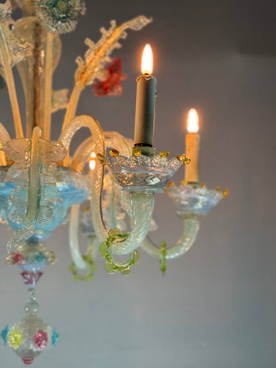 Multi-Colored Murano Glass Venetian Chandelier, Six Light Arms, Circa 1900