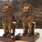 Pair of table lamps with gilt bronze Singha lions – Thailand, 1970s