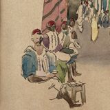 Orientalist drawing in ink and watercolor on paper representing a fabric souk
