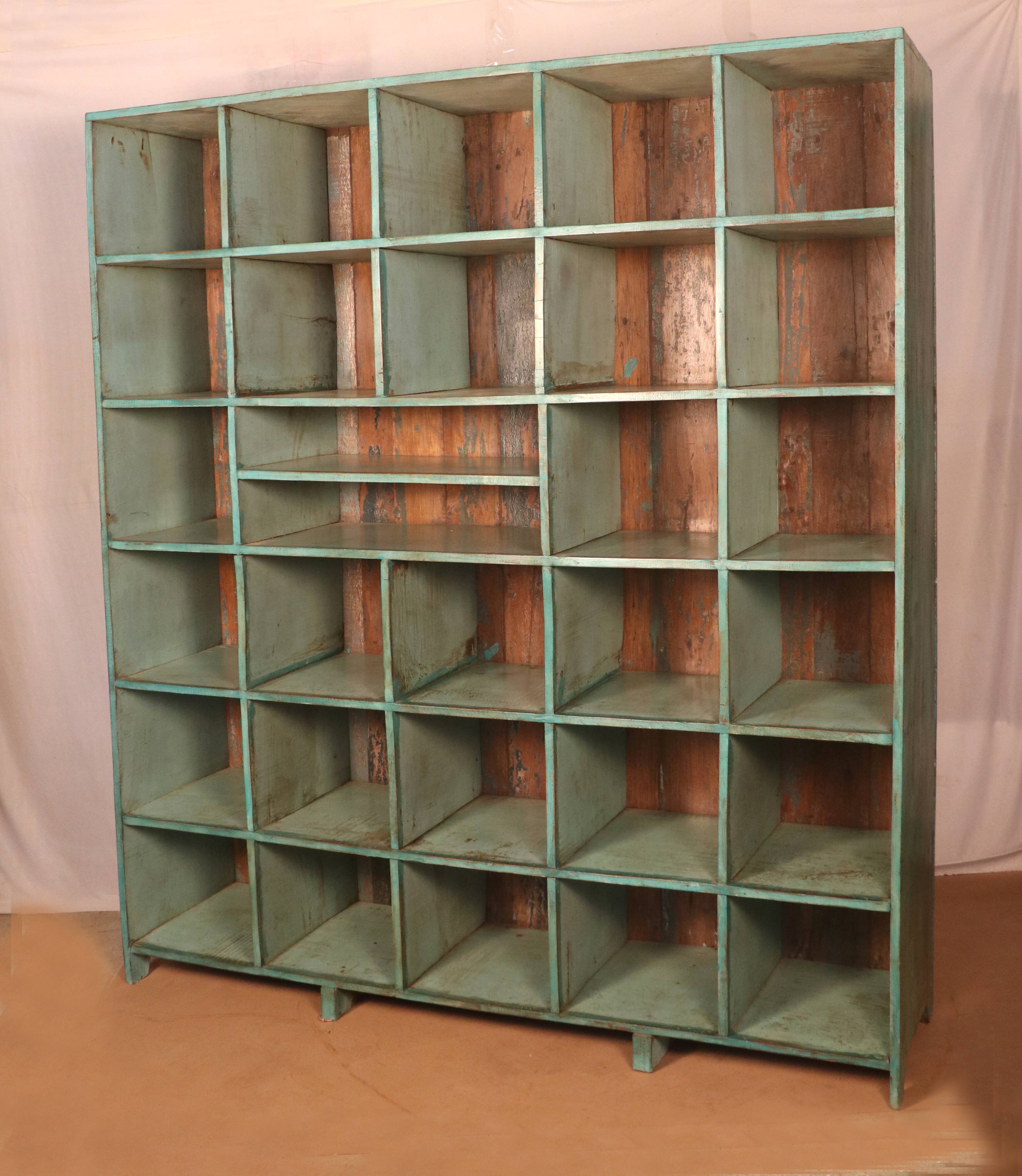 Old workshop shelf in original green-blue patina Burmese teak