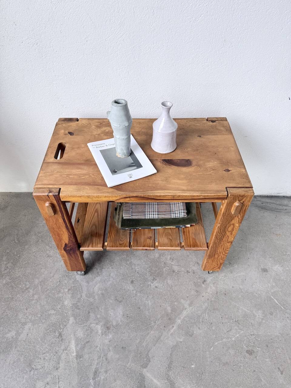 1980 pine wheeled console table