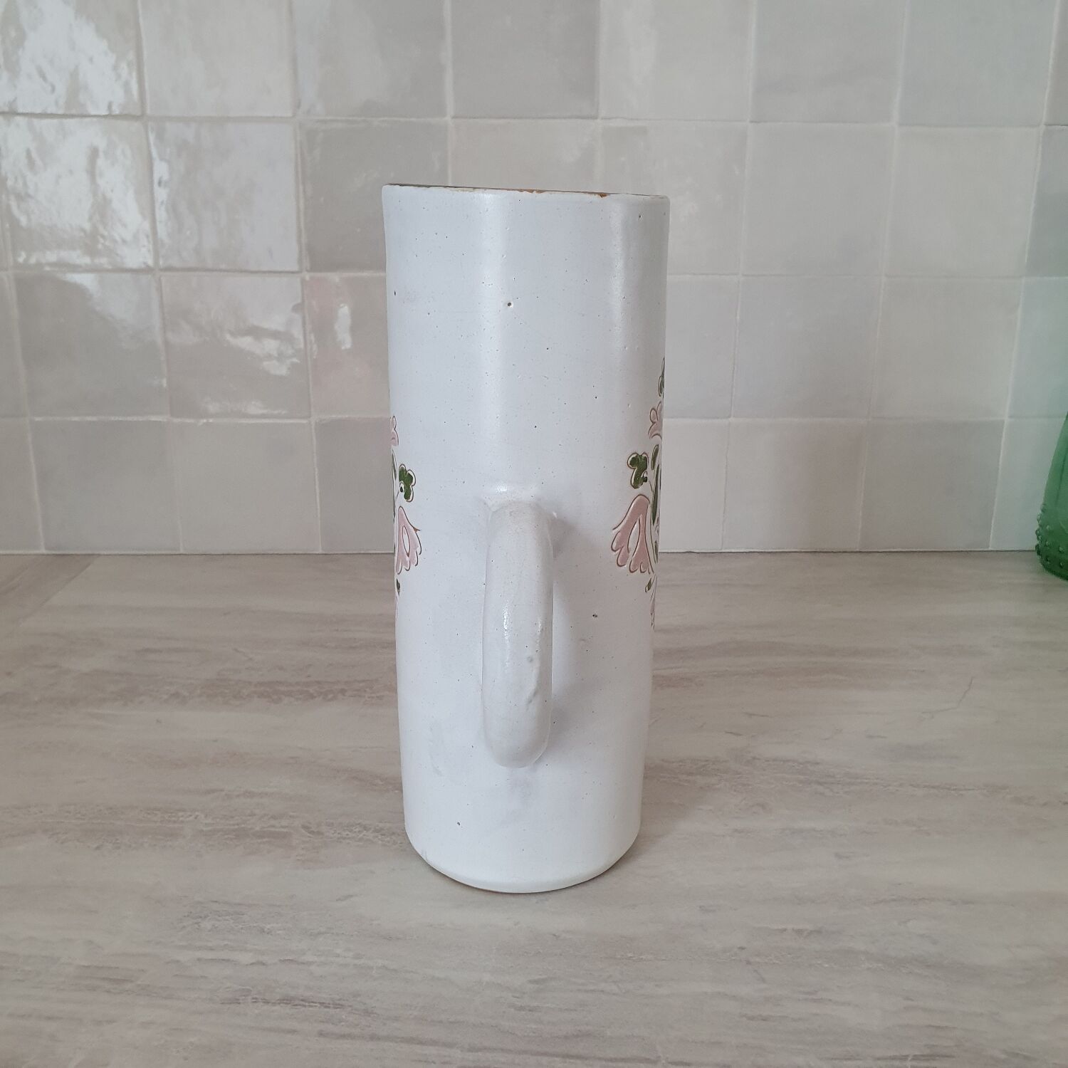 Large white jug with a pink pattern