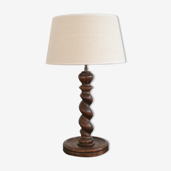 Lampe vintage 1970 en bois tourné naturel avec abat-jour en lin