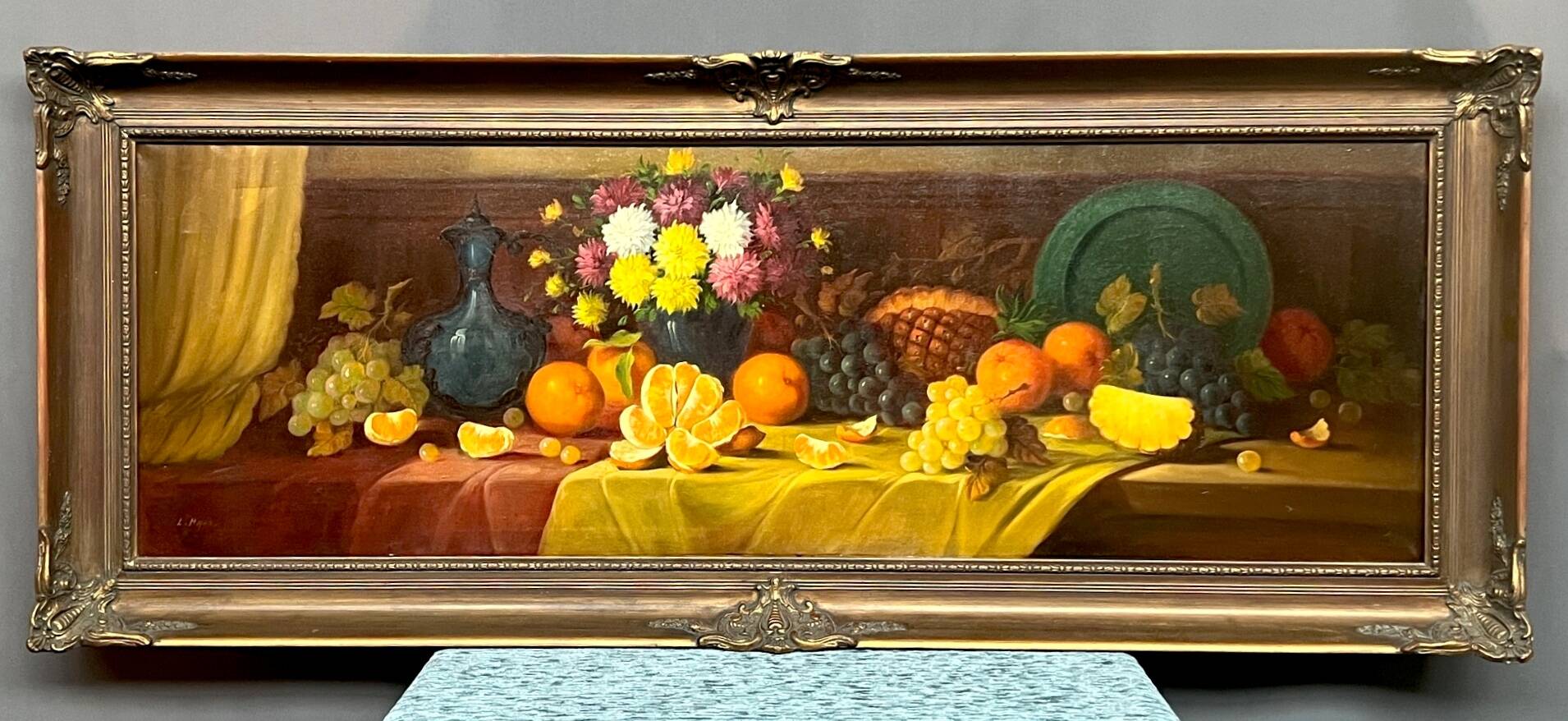 L.Maes. Still life with flowers and fruits. Large format.