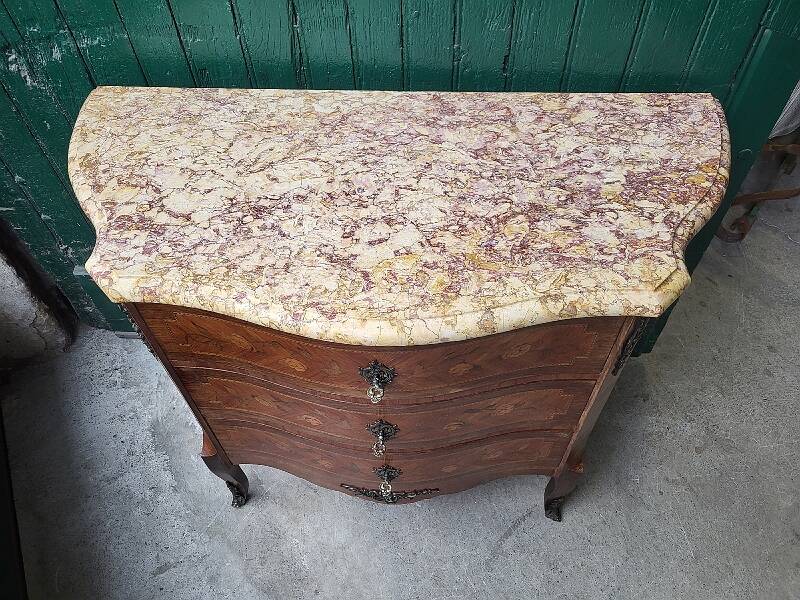 CURVED MARQUETRY CHEST WITH MARBLE TOP 3 ROSEWOOD DRAWERS