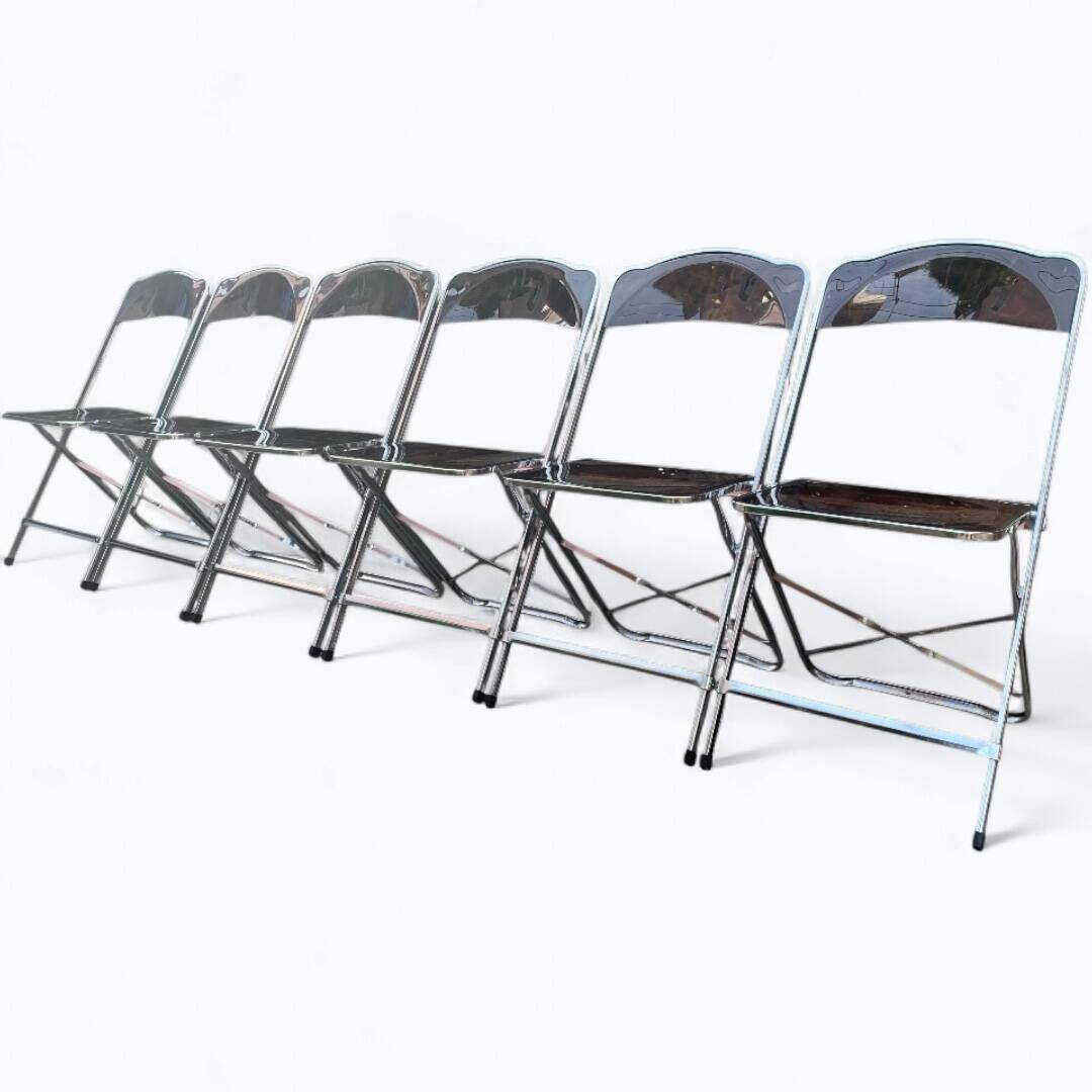 6 chaises pliantes en Plexiglas fumé et métal chrome Chaisor 1970