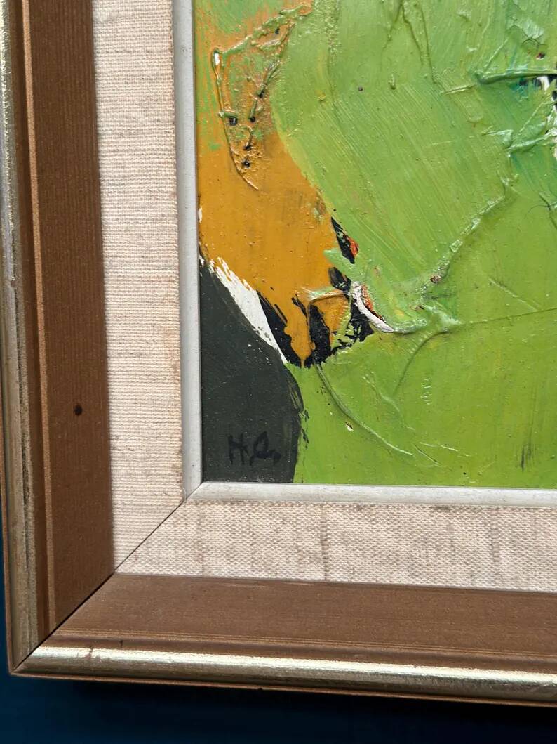 Original Swedish Oil on Panel – “Abstract in Green” by Hans Oswald – Signed – Vintage and Framed – 32 × 25 cm (12.6" × 9.8")