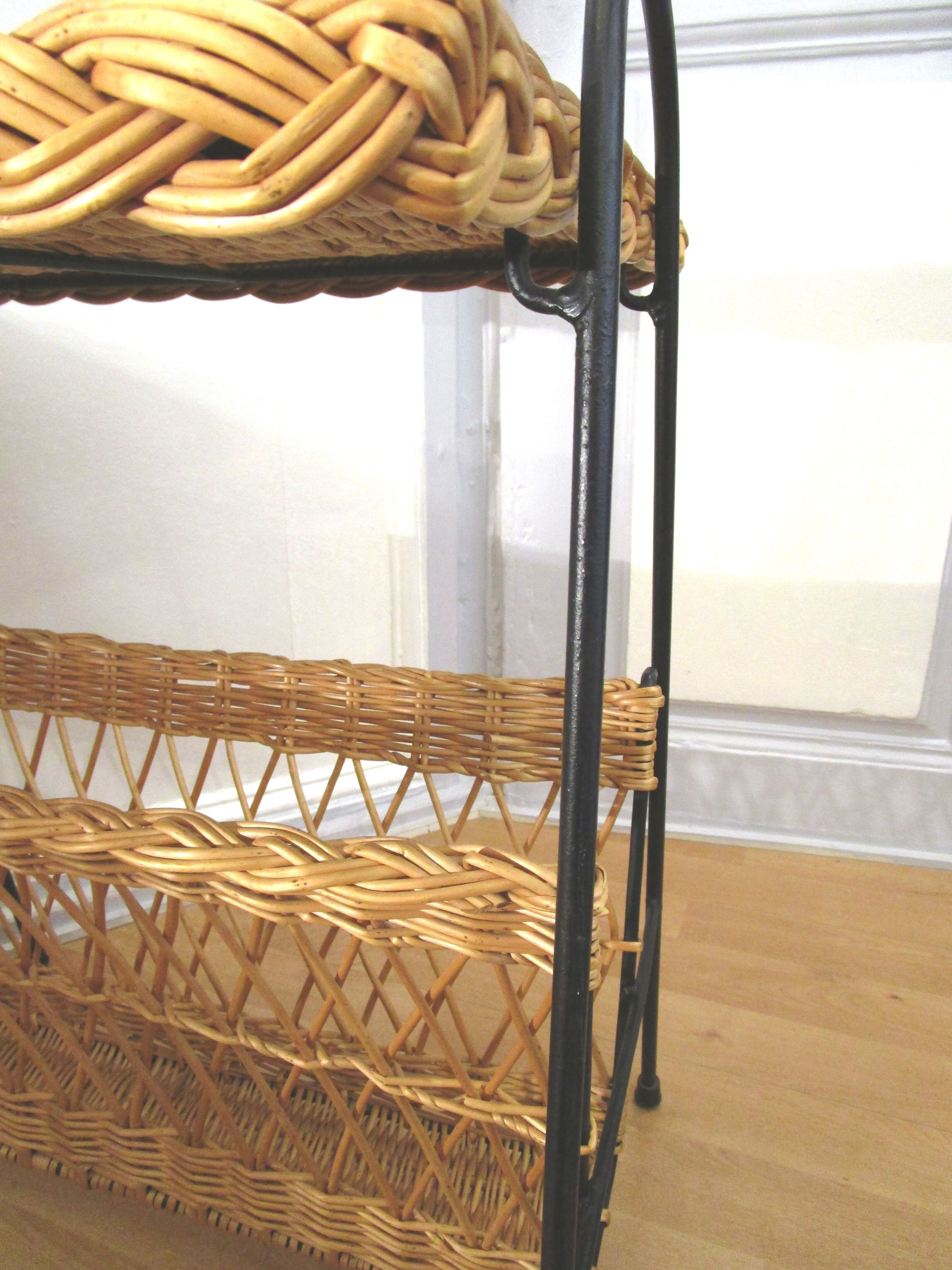 Wicker and wrought iron vintage magazine table 50s