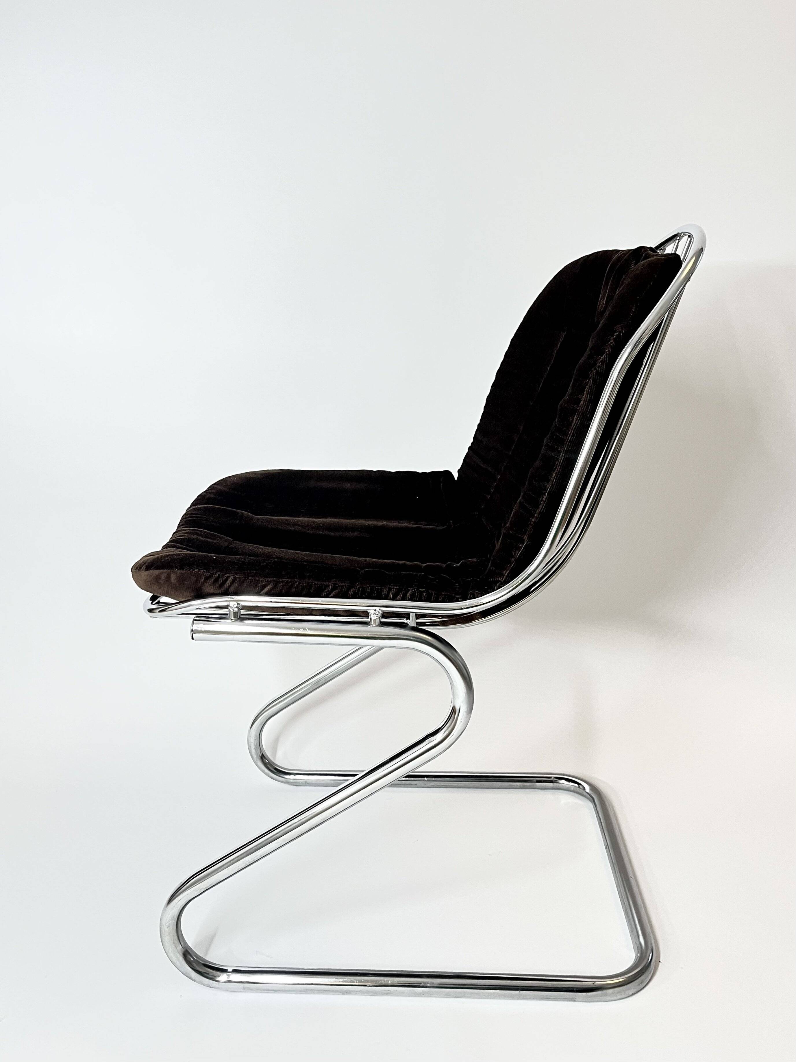 Vintage Metal Dining Chairs Brown Velvet Cushions, Italy, 1970s, Set of 3