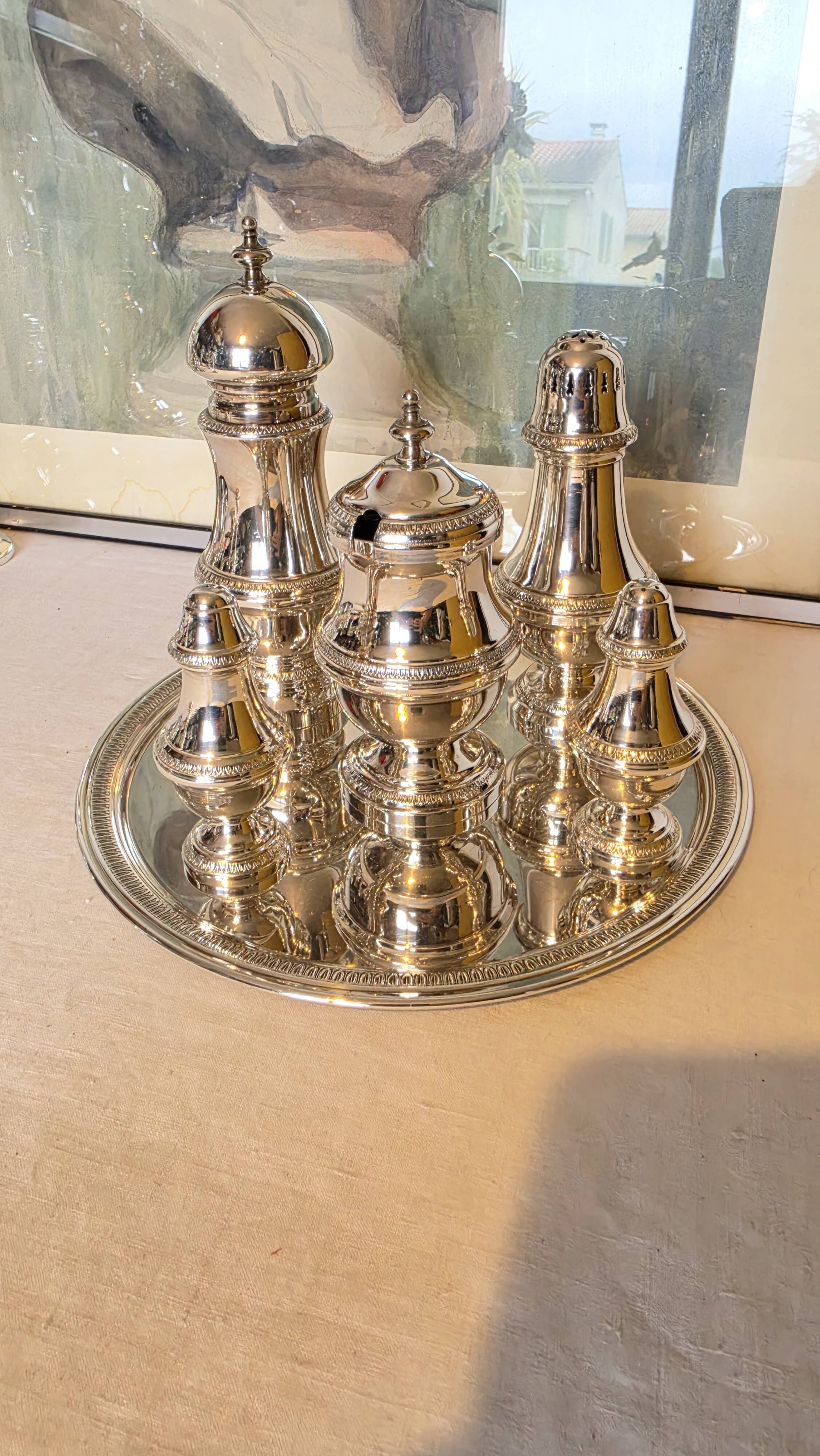 Exclusive 6-piece silver-plated spice service, classic Georgian style.