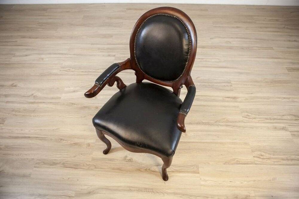 Late 19th Century Mahogany Armchair in Black Leather, 1890s