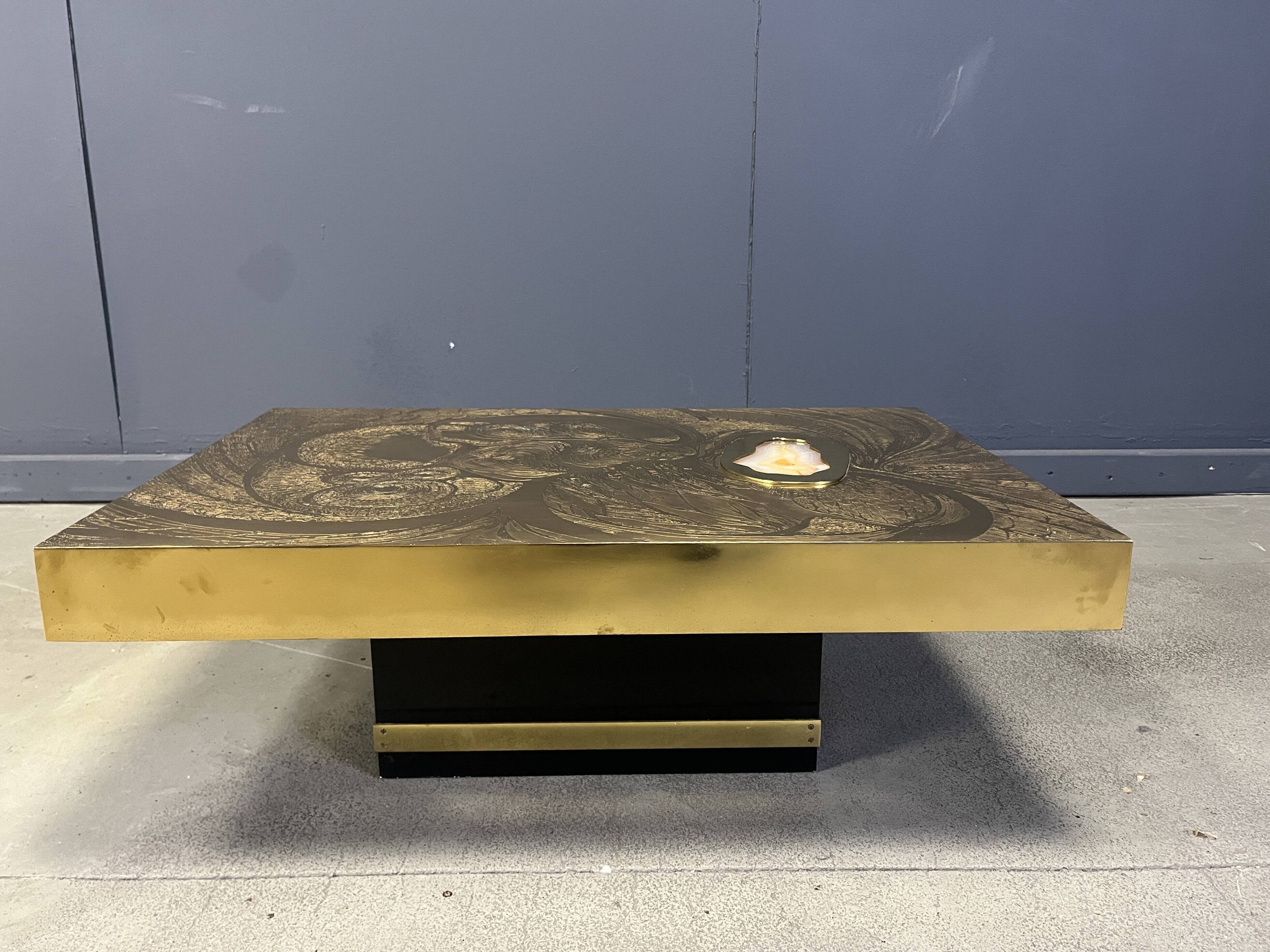 Etched brass and inlaid agate coffee table by Felix De Boussy, Belgium