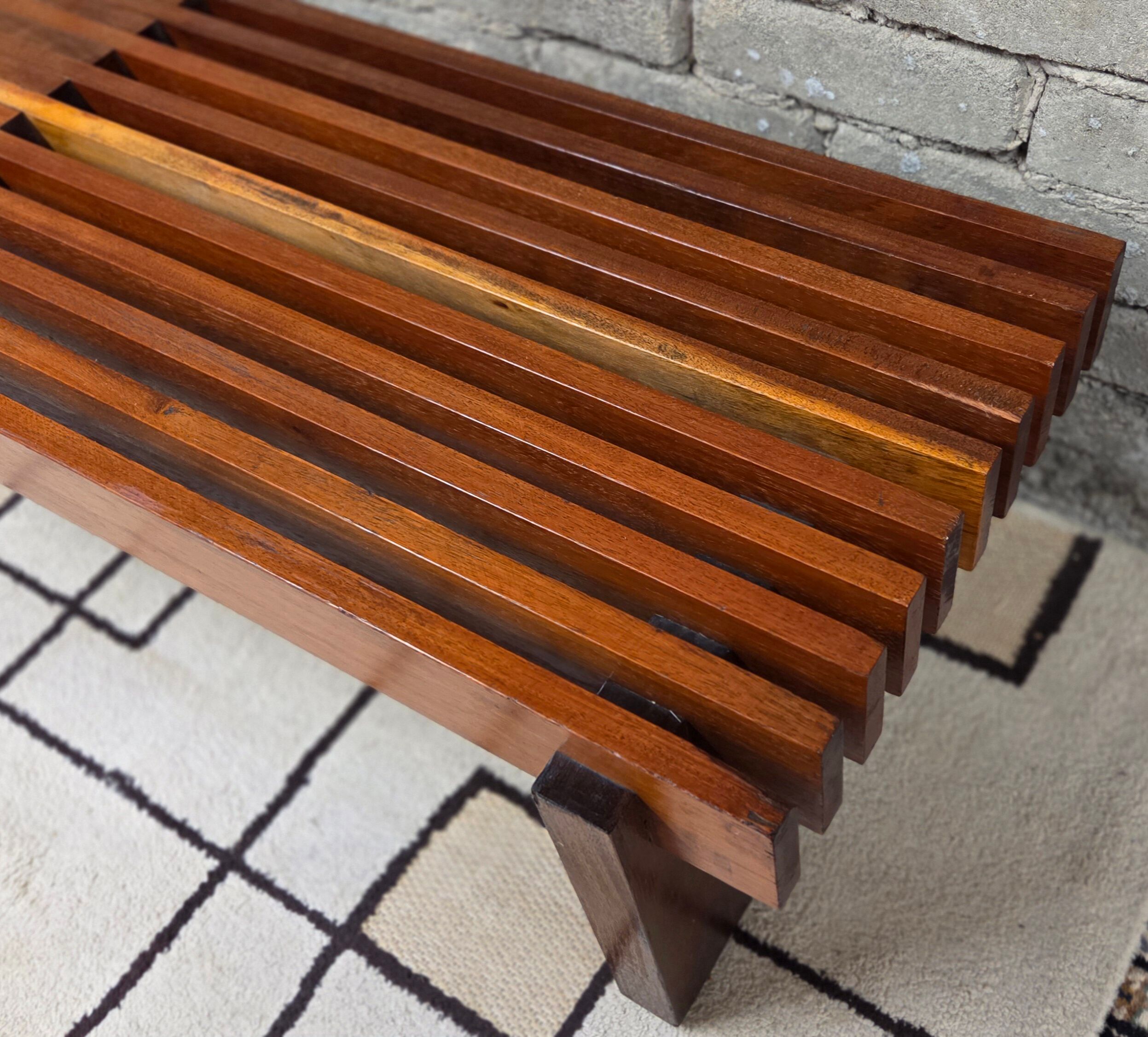 Vintage brutalist bench in solid teak with slats – 1970s