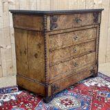 Commode secrétaire du XIXème en loupe d'orme, sapin et dessus marbre noir