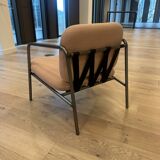 Deadgood Working Lounge Chair, in pale pink fabric with metal base