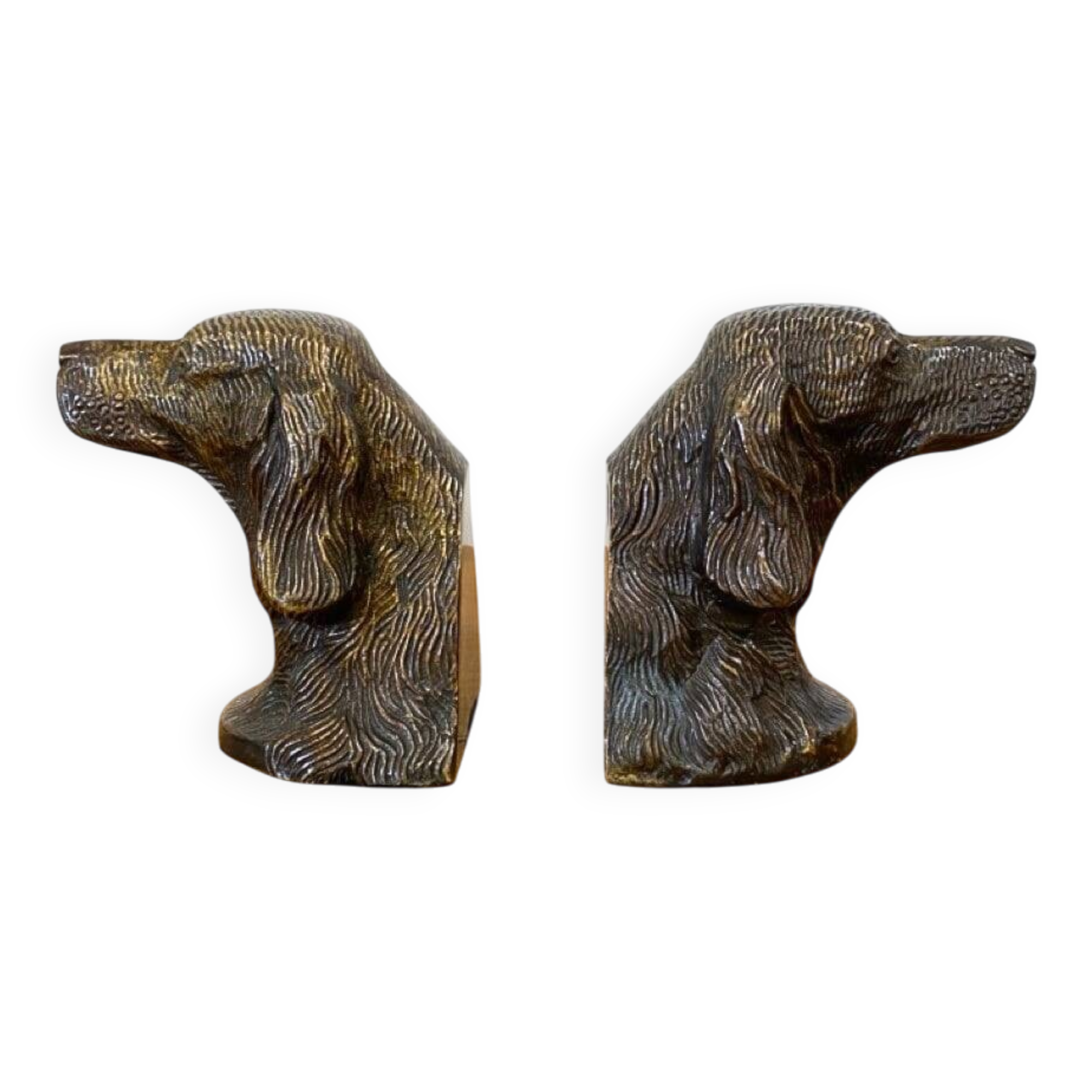 Paire de serre-livres anciens “Chiens de chasse” en bronze