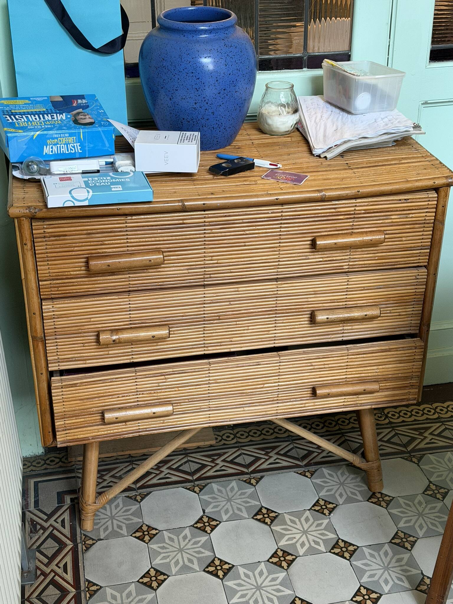 Commode 3 tiroirs bambou/rotin vintage