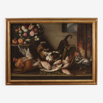 Grande peinture du 18ème siècle nature morte avec des animaux, des fleurs et des fruits