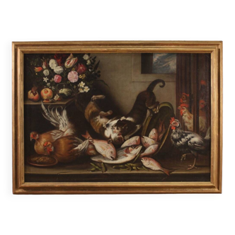 Grande peinture du 18ème siècle nature morte avec des animaux, des fleurs et des fruits