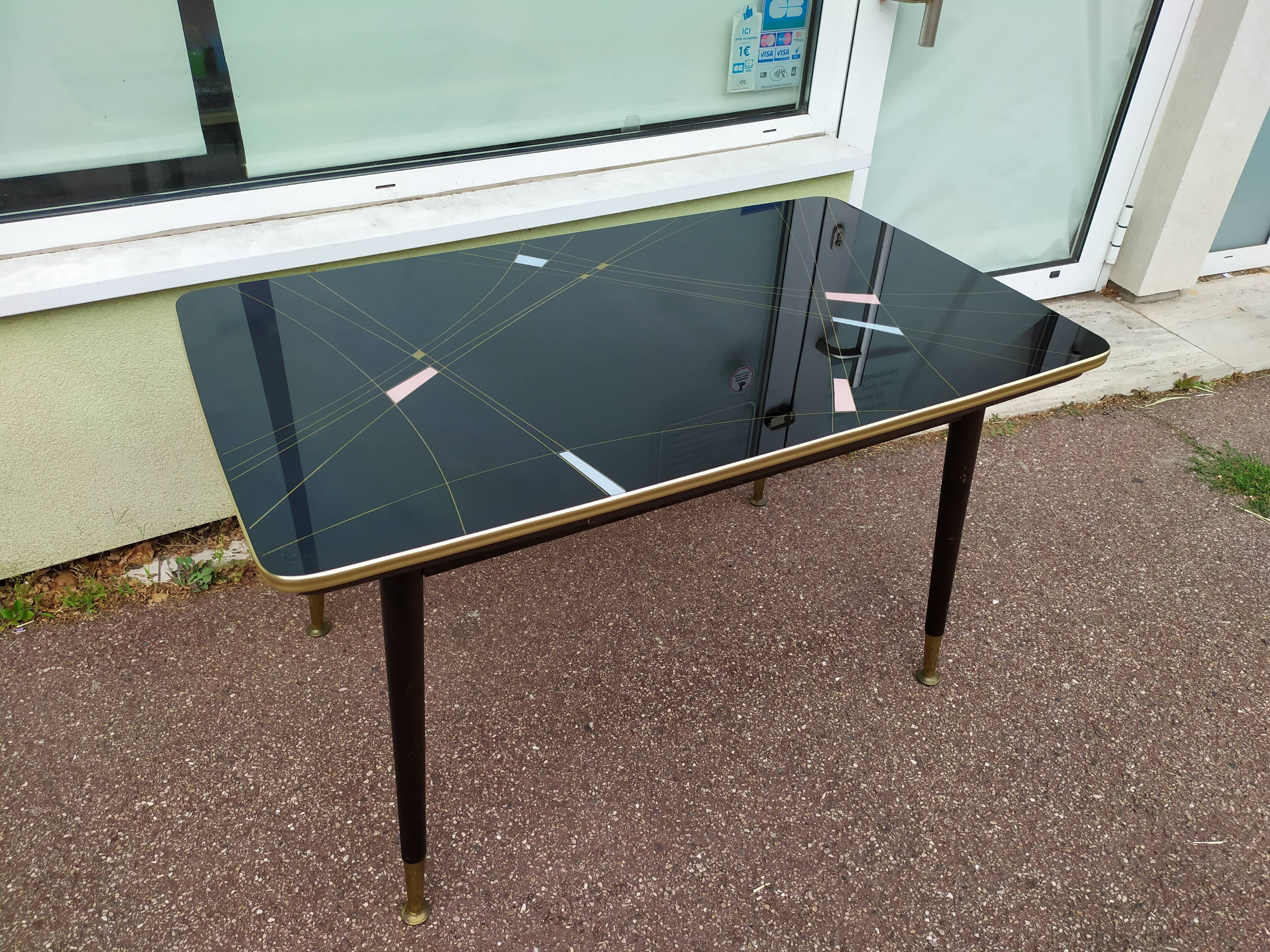 Table mid-low formica feet compass glass tray - vintage 1960