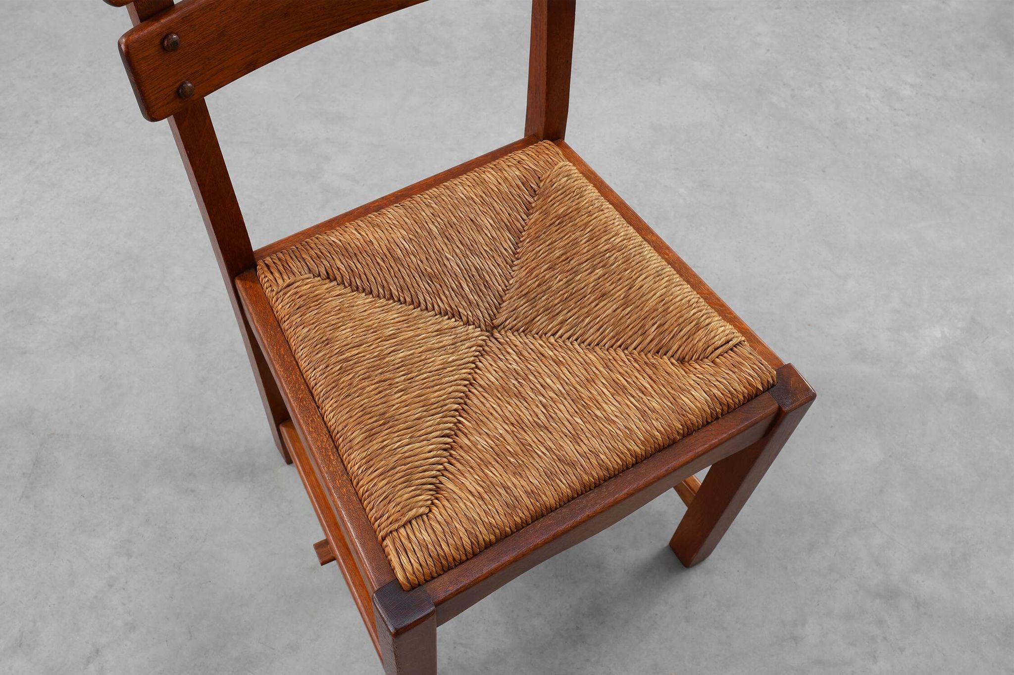 Two Mid-Century Modern Brutalist Oak and Wicker Chairs, 1960