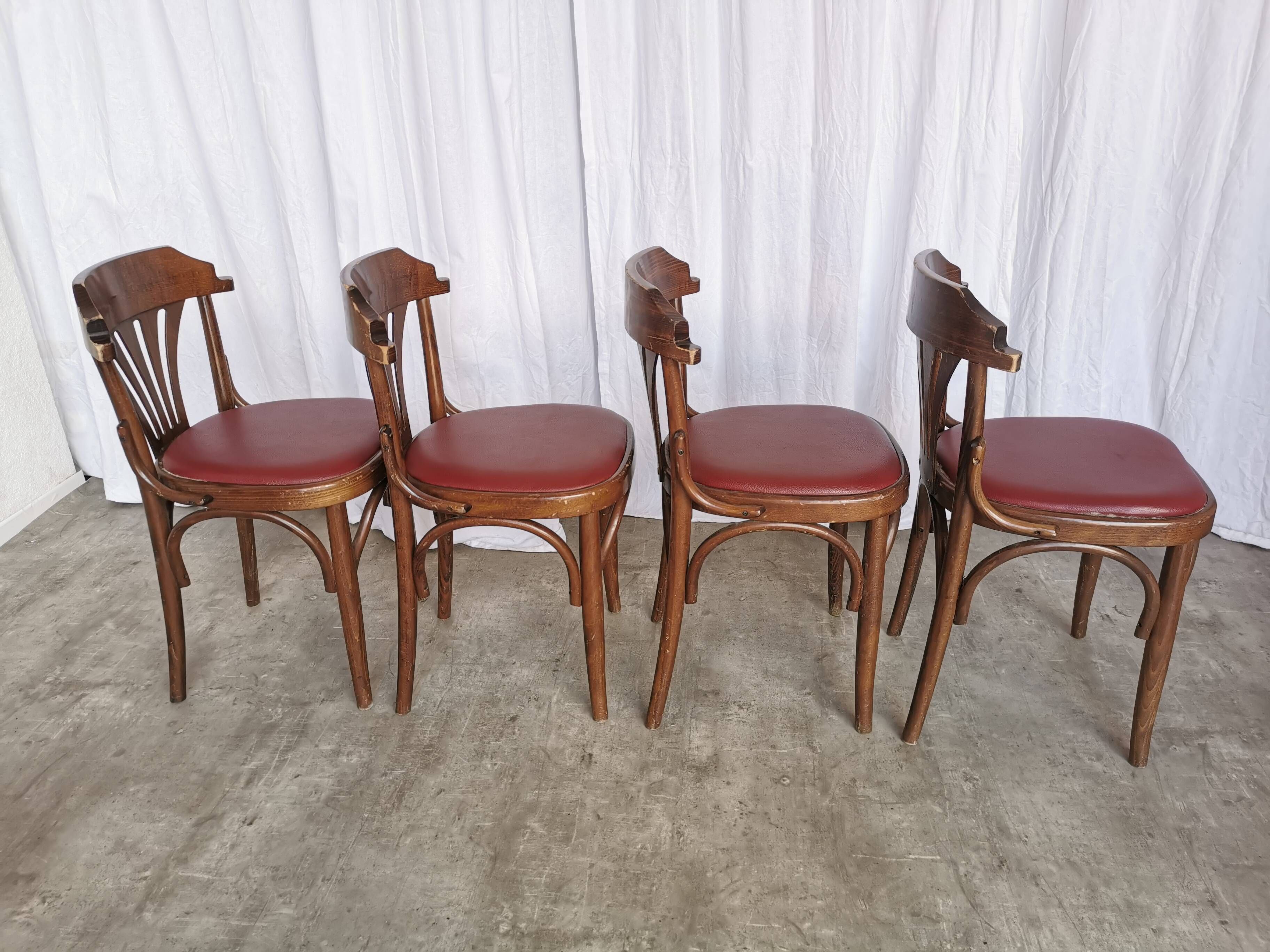 Vintage Bentwood Dining Chairs - Thonet Style - Red Faux Leather - Set of 4
