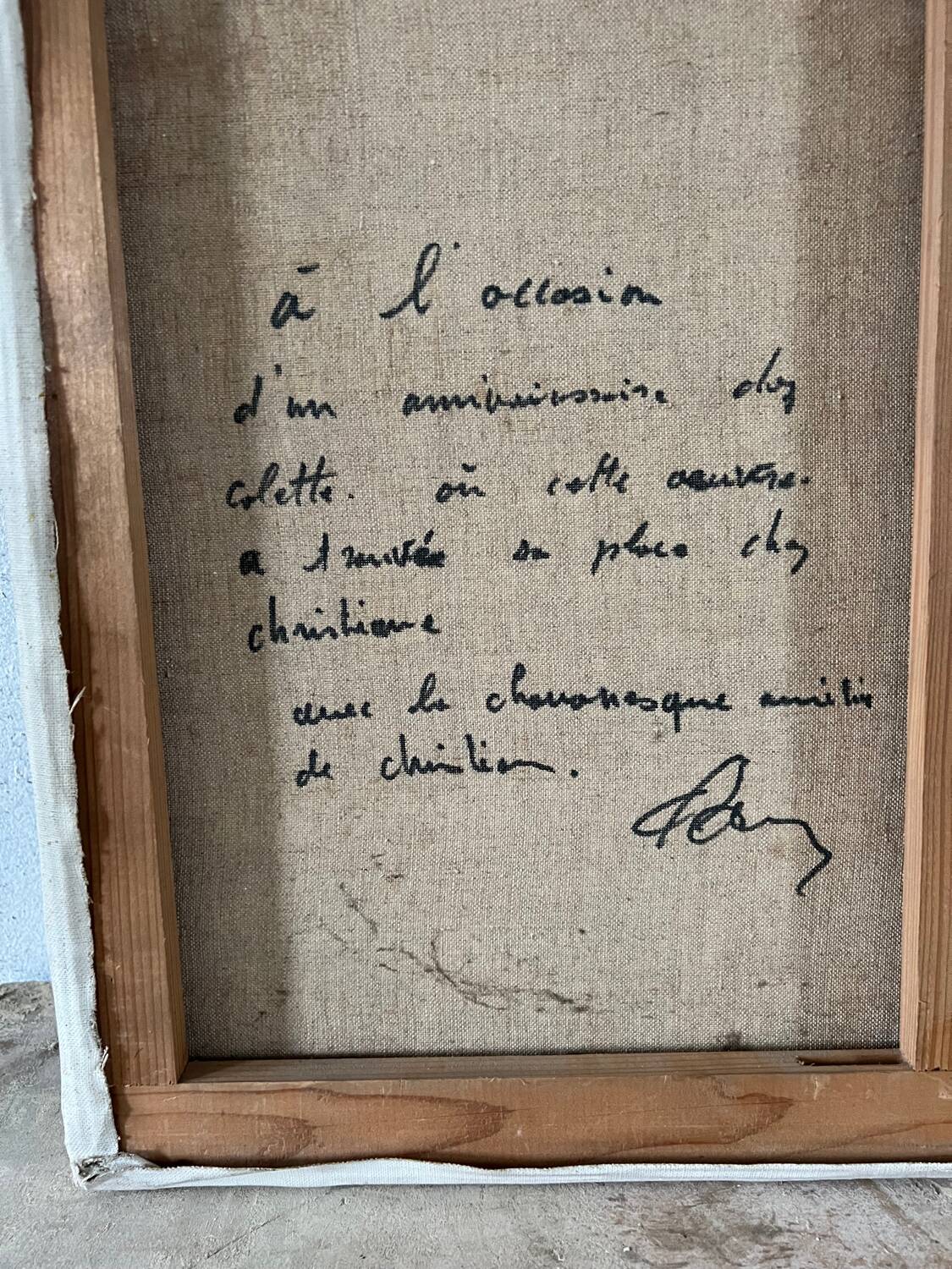 Canvas signed 20th century caravan with dedication on the back