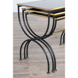 Vintage nesting tables in metal and black opaline glass 1950
