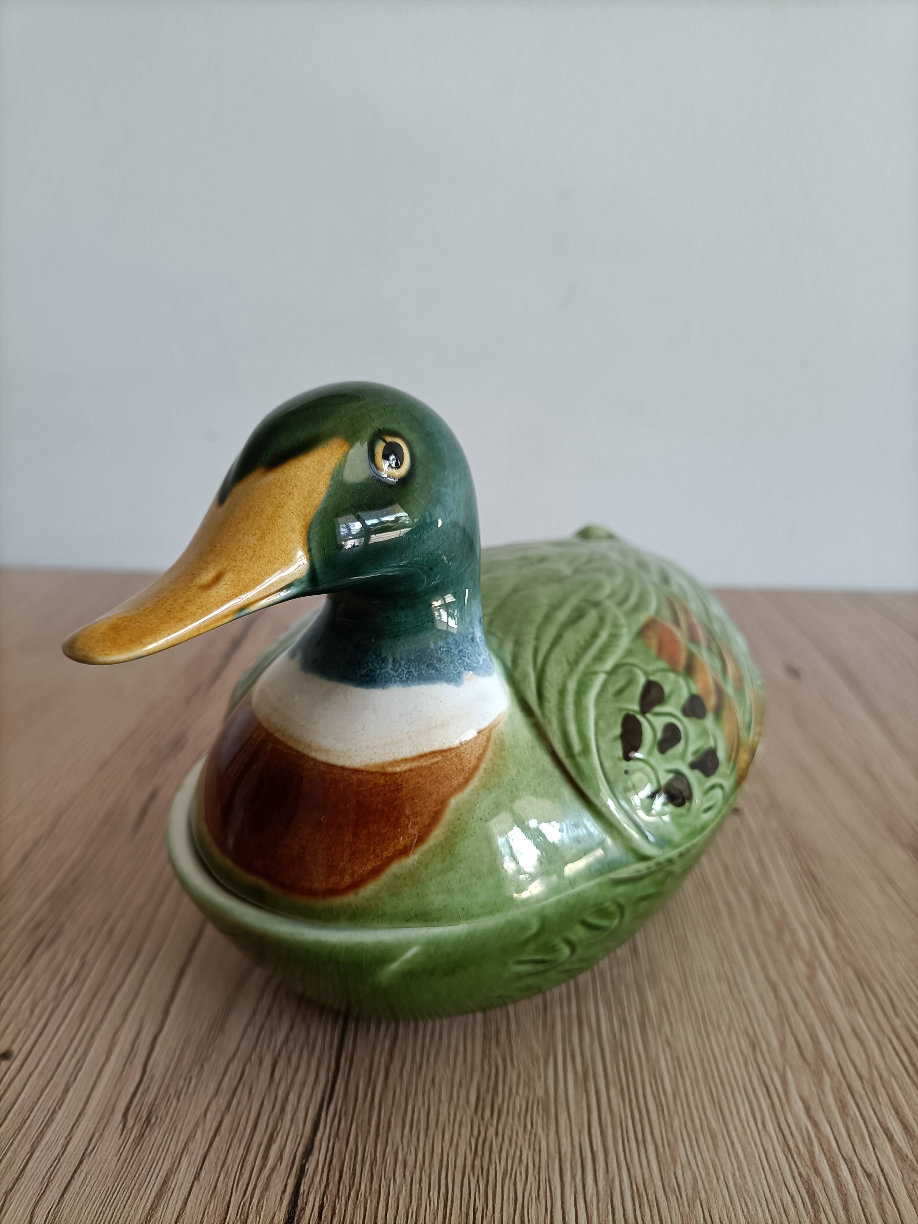 Old terrine duck Michel Caugant green ceramic