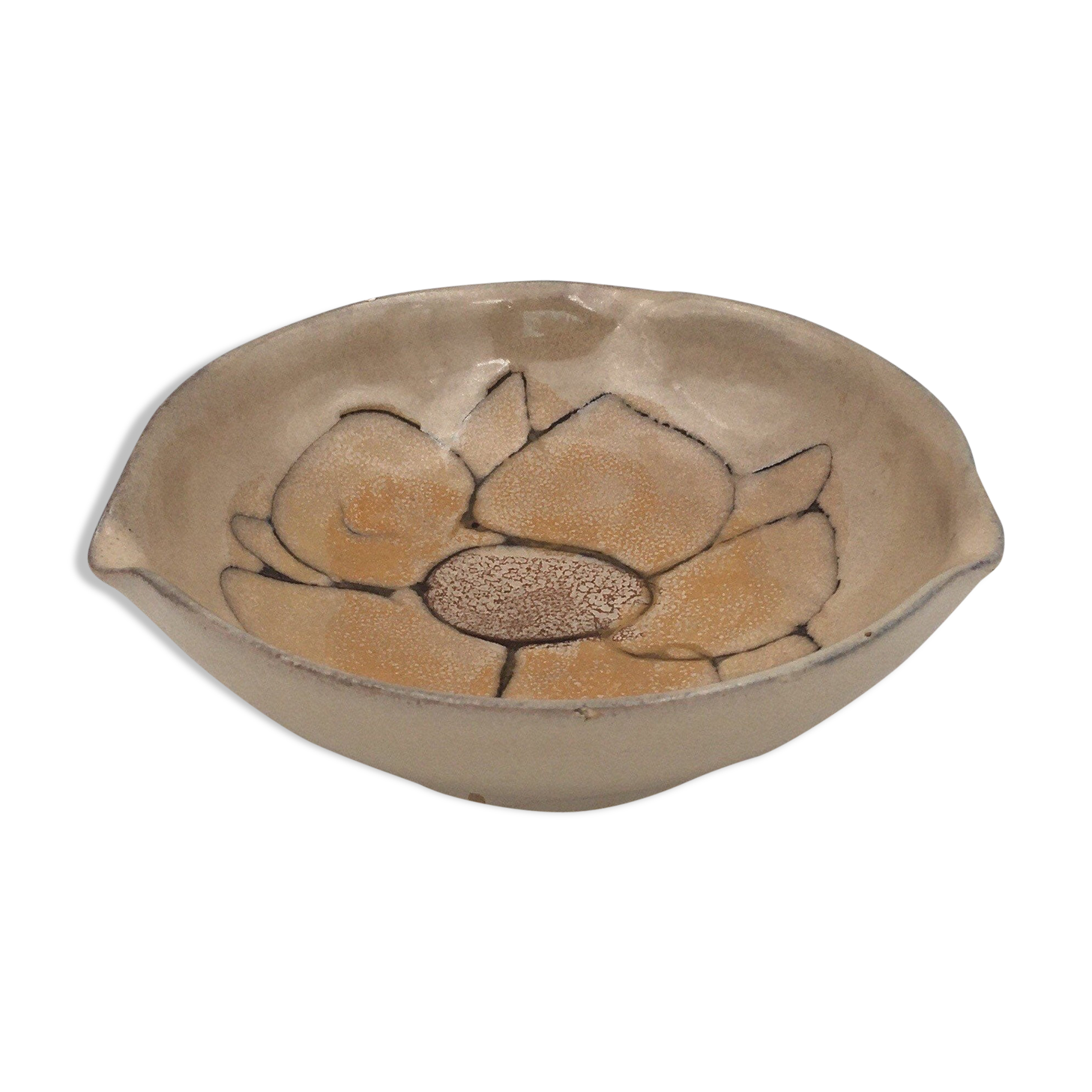 Vintage beige ceramic bowl, signed Atelier La Roue, Vallauris - 1960s