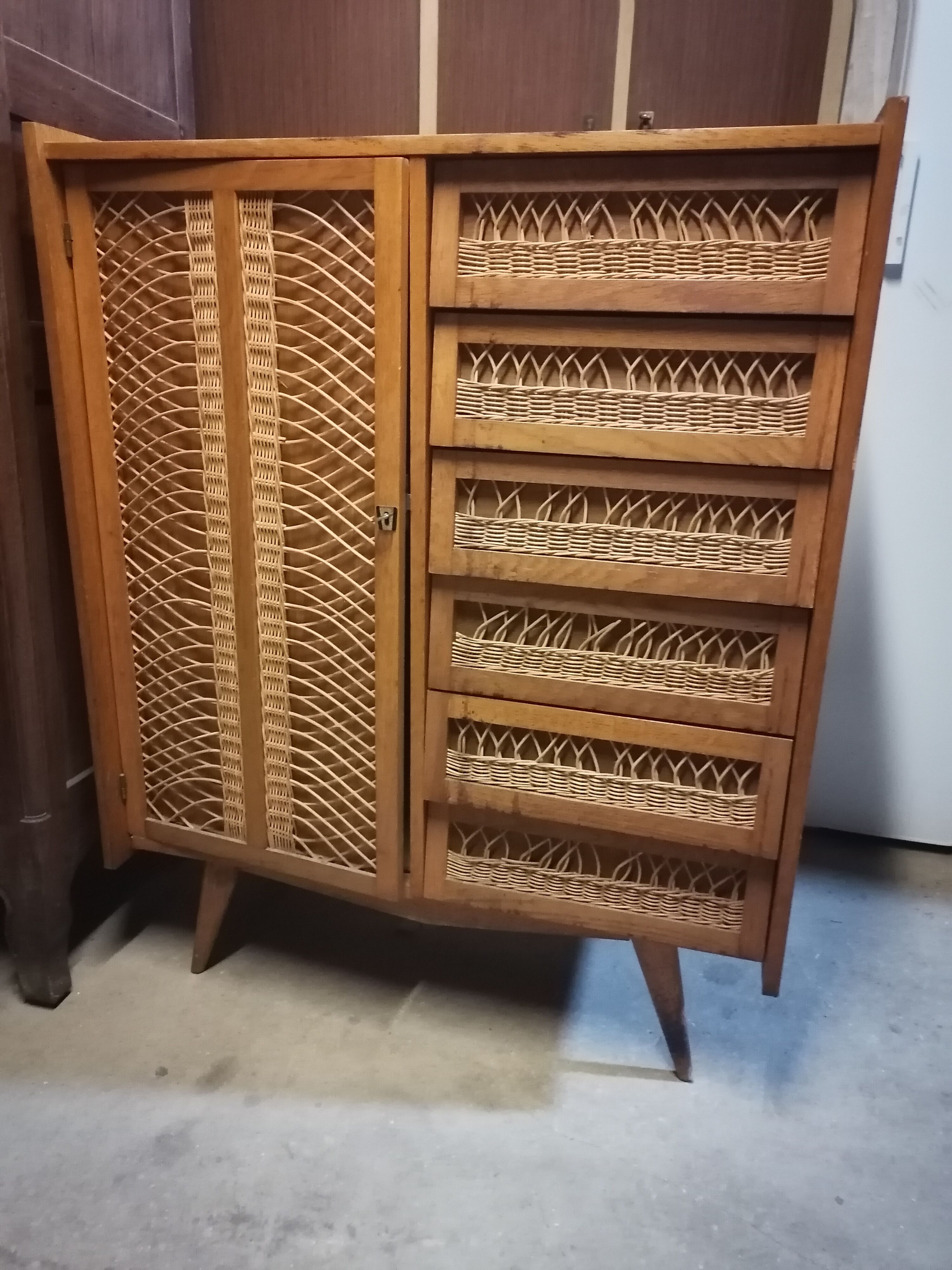 Children's wicker wooden wardrobe, 1960-70 vintage