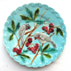 Art Deco slip plate yellow background Sarreguemines: 2 Birds pecking holly