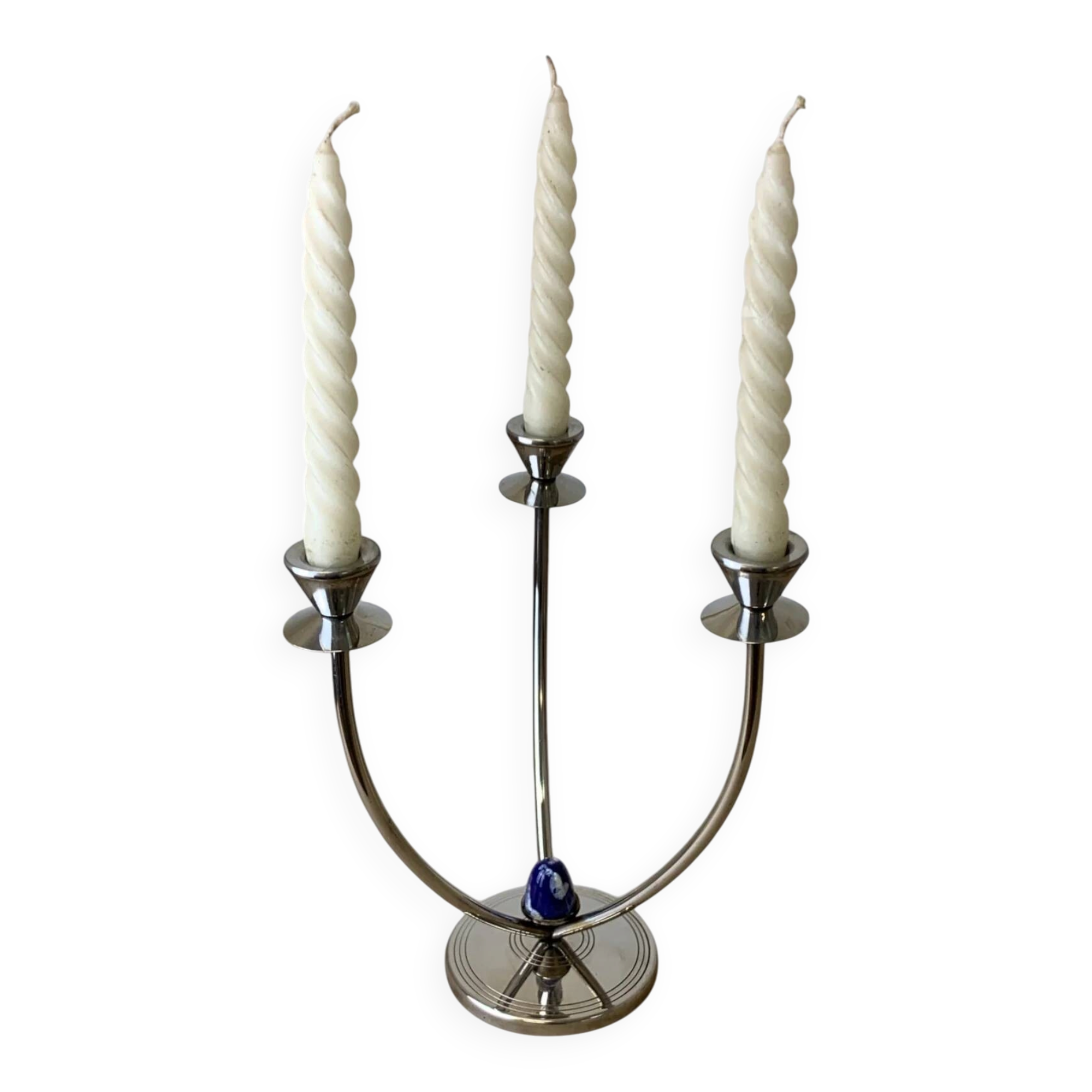 Art deco candlestick in stainless steel, 3 flames and blue stones, Spain, circa 1970s