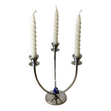Art deco candlestick in stainless steel, 3 flames and blue stones, Spain, circa 1970s