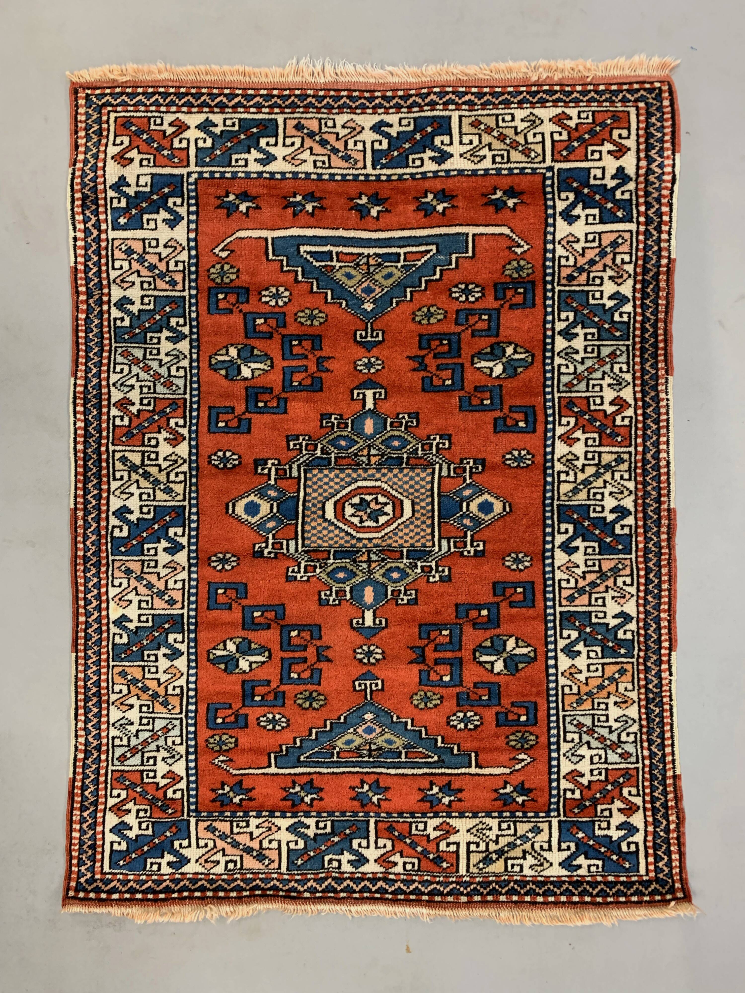 Old Turkish Kazak Rug Oriental 132x95 cm vintage tribal carpet, Red and Blue