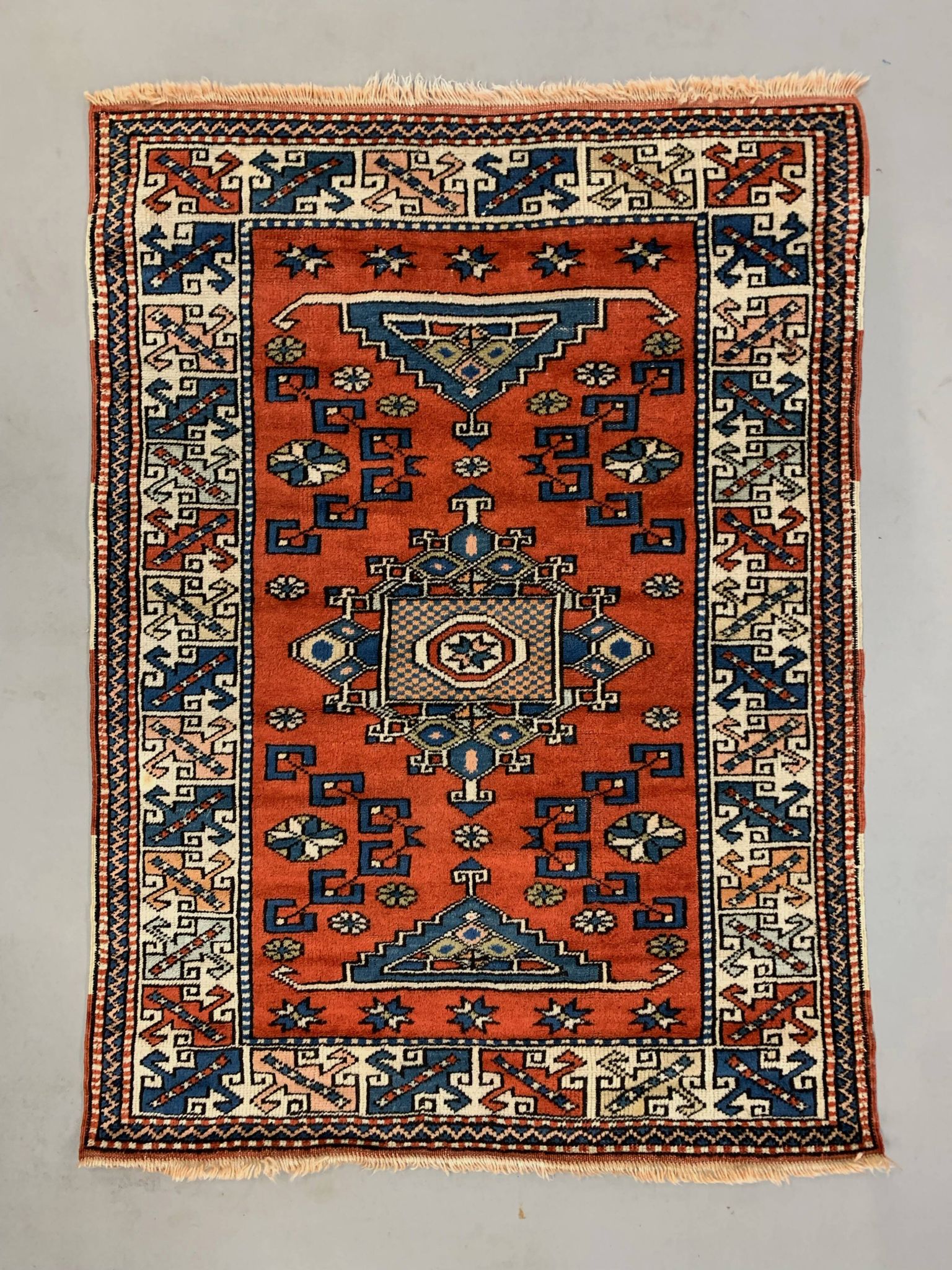 Old Turkish Kazak Rug Oriental 132x95 cm vintage tribal carpet, Red and Blue