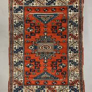 Old Turkish Kazak Rug Oriental 132x95 cm vintage tribal carpet, Red and Blue