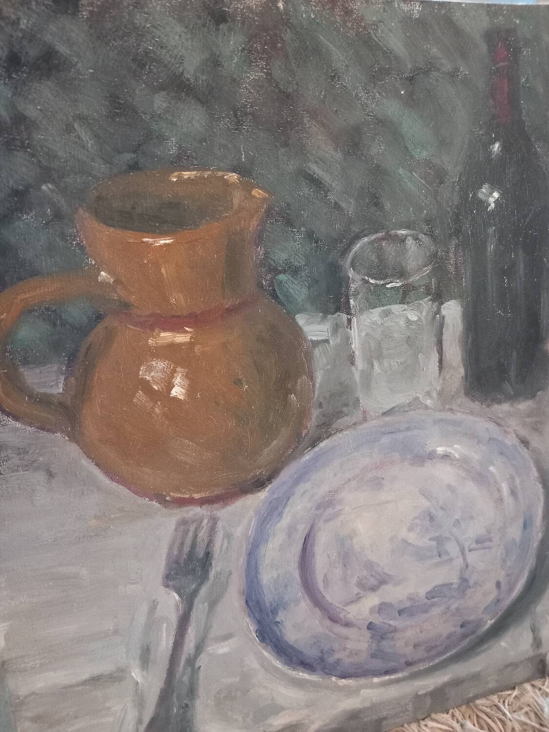 Oil painting. Still life with wine bottle