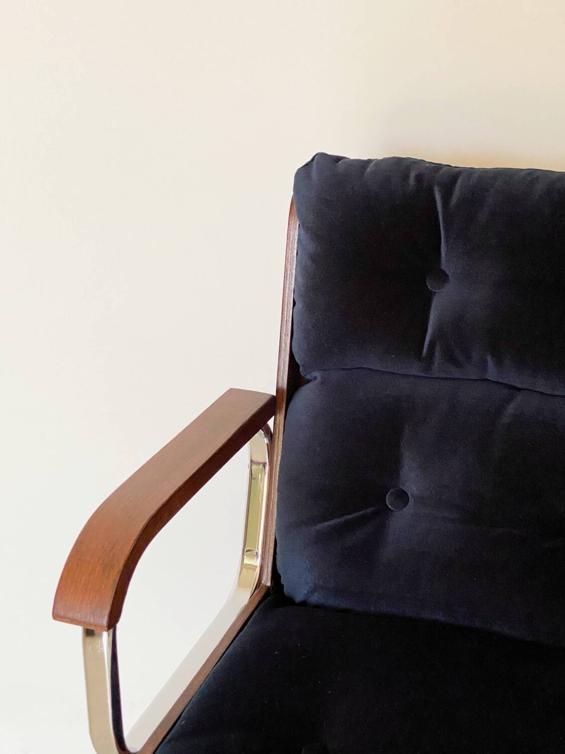 Vintage wood and metal velvet armchair